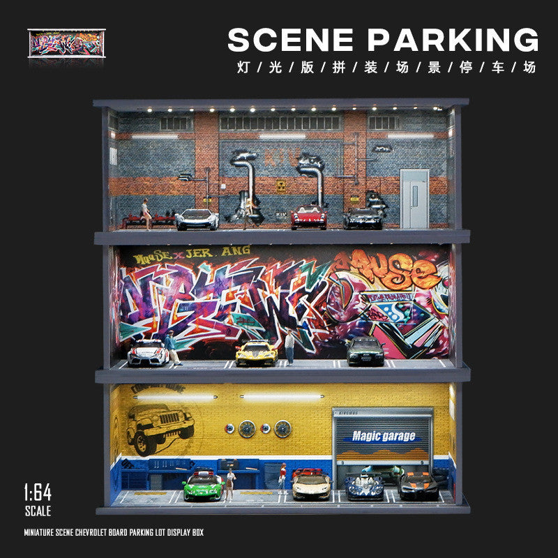 1:64 Scale Die-Cast Car Parking Diorama – Stackable PVC Display Garage with LED Lights
