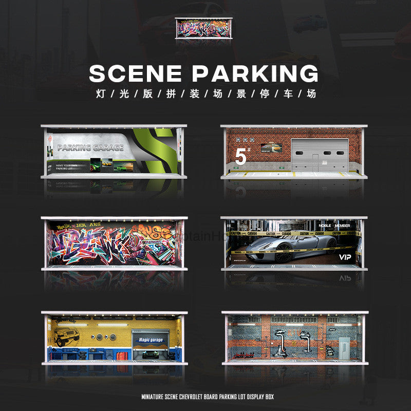 1:64 Scale Die-Cast Car Parking Diorama – Stackable PVC Display Garage with LED Lights