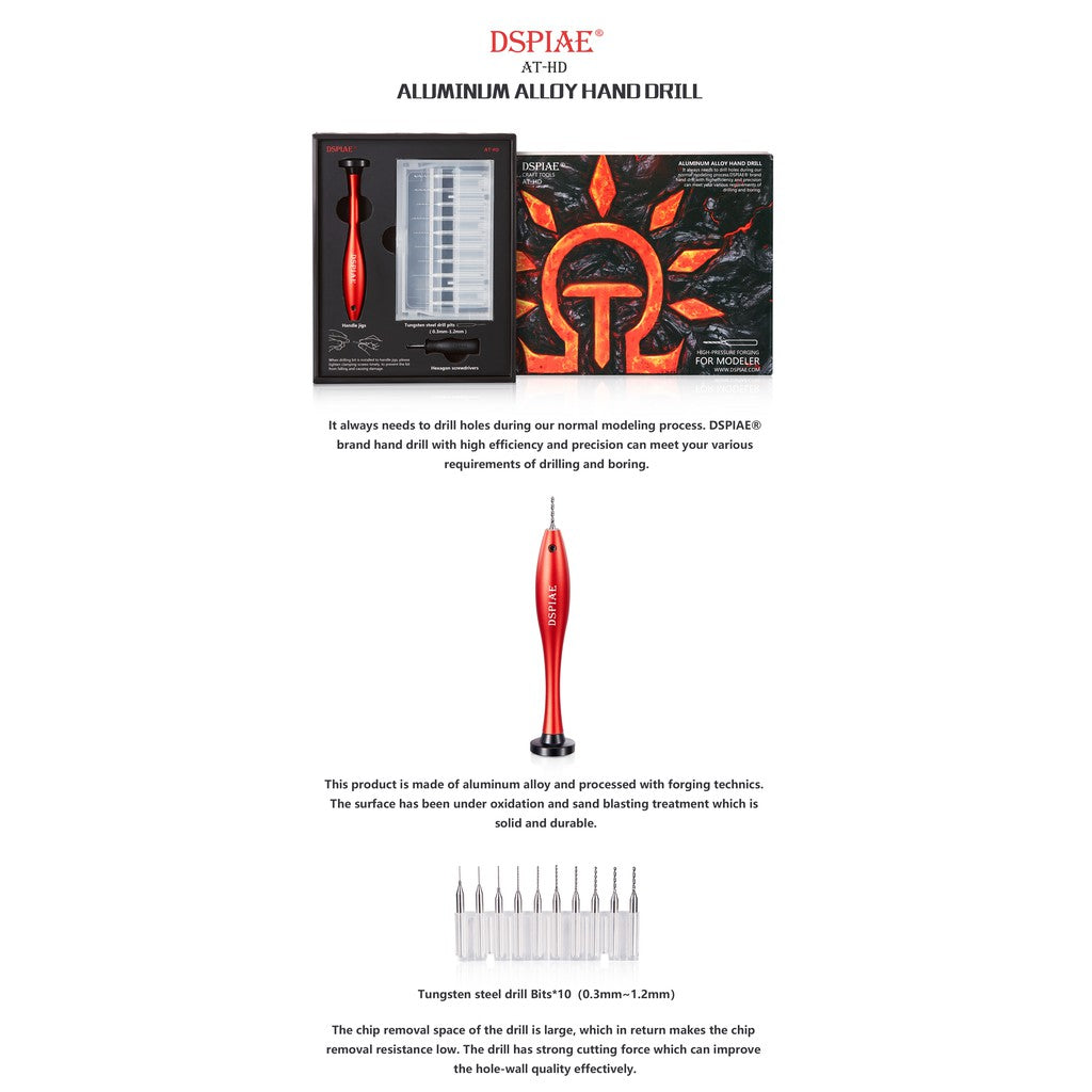 Professional Aluminum Alloy Hand Drill (0.3mm - 1.2mm) by DSPIAE AT-HD for Gunpla Gundam Tamiya Hobby Scale Model