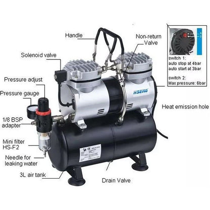 Pro Twin Cylinder Piston Airbrushing Compressor Kits W/ 1.5M Hose and 3.5L Tank for Painting Gundam Gunpla and Tamiya