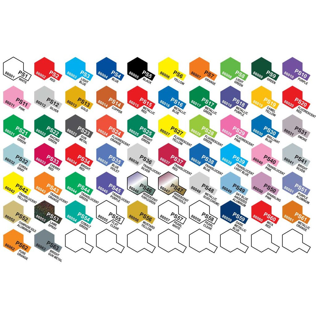 Tamiya PS Spray Paint for RC Bodies –Polycarbonate Paint PS-1 to PS-60 For Transparent & Lexan Shell