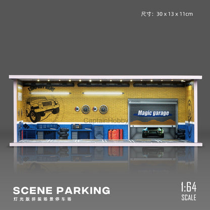 1:64 Scale Die-Cast Car Parking Diorama – Stackable PVC Display Garage with LED Lights