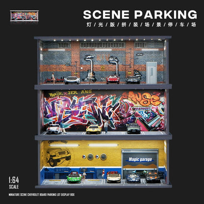 1:64 Scale Die-Cast Car Parking Diorama – Stackable PVC Display Garage with LED Lights