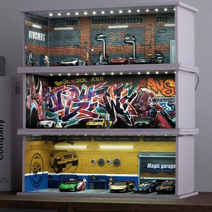 1:64 Scale Die-Cast Car Parking Diorama – Stackable PVC Display Garage with LED Lights