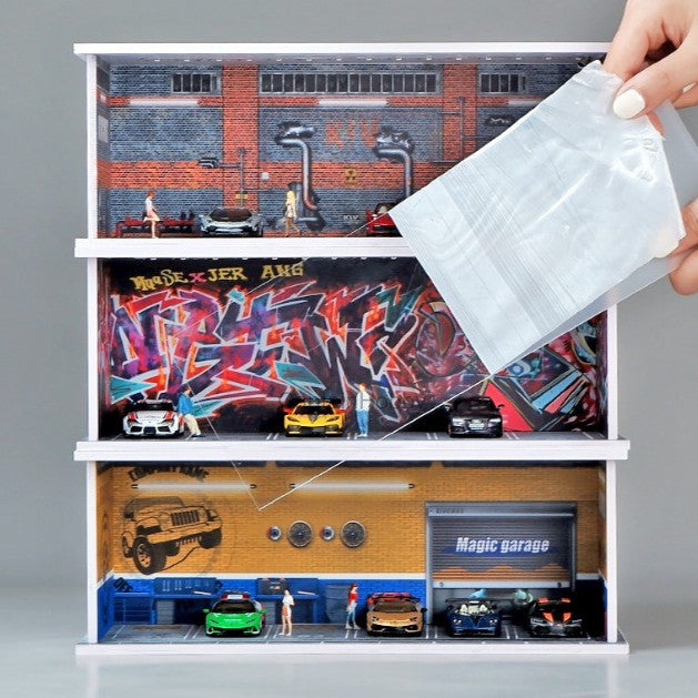 1:64 Scale Die-Cast Car Parking Diorama – Stackable PVC Display Garage with LED Lights