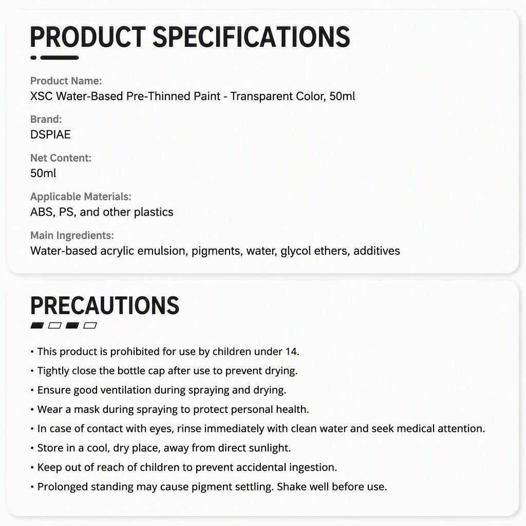 DSPIAE XSC Transparent Water-Based Airbrush Paint 50ml Pre-Thinned Colours for Gunpla & Model Kits